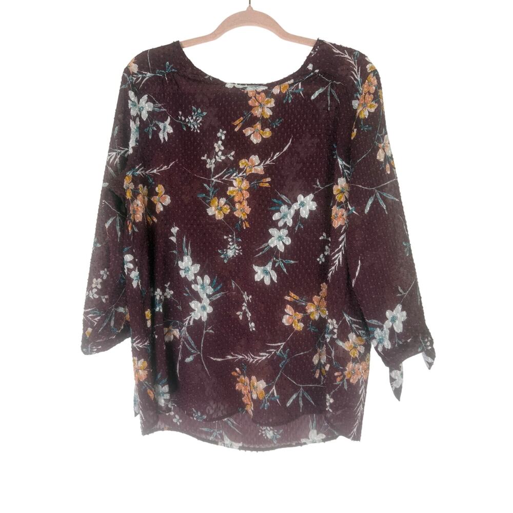 Van Hansen Burgandy w/ Florals Semi Sheer Pullover Dressy‎ Blouse Top Size L